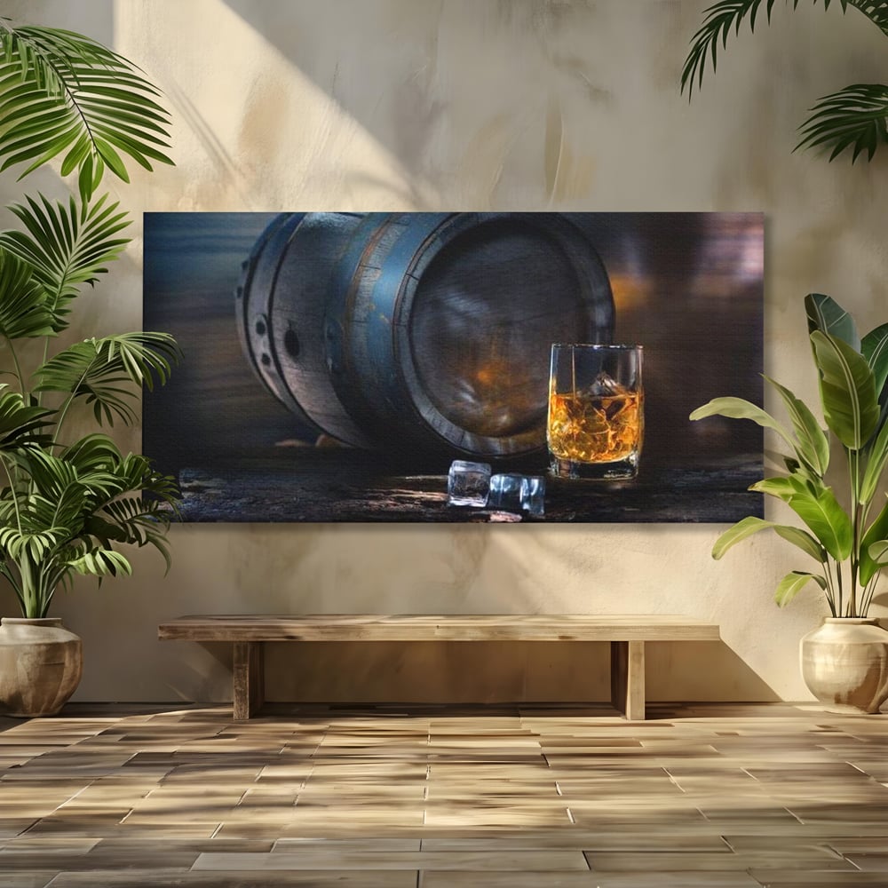 Tablou canvas cu tablou canvas cu butoi de whisky si pahar cu gheata, fara rama, pe sasiu de lemn